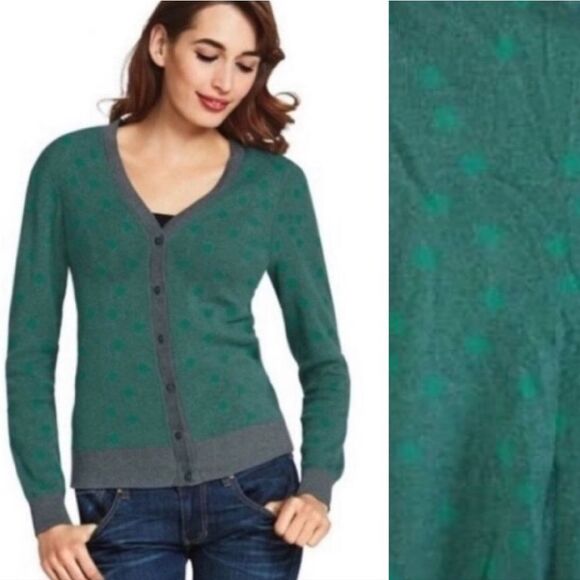 cAbi Retro Green Polka Dot Grey Trim Button Front Knit Cardigan Large - Picture 1 of 16